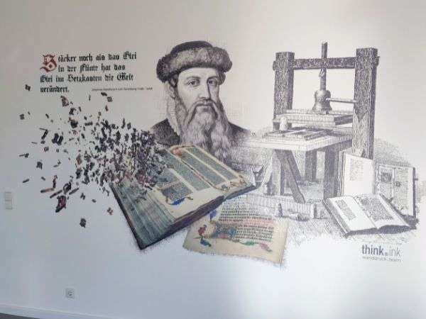 Painted Wall mural alternative 3 Gutenberg historical figures and text printed on wall